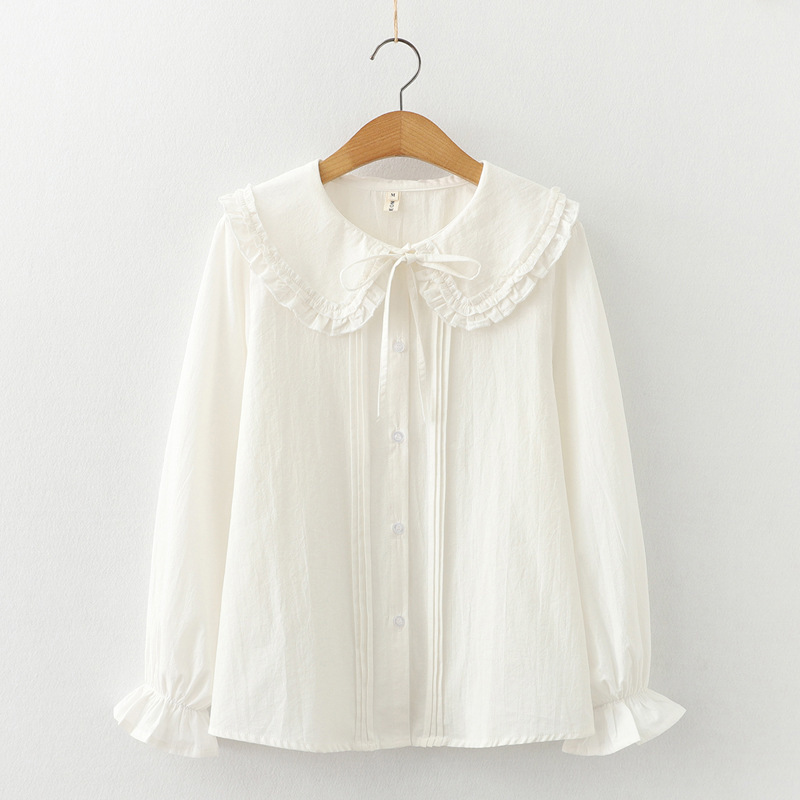 Doll Collar Lace-Up Cotton Shirt for Women 2025 Spring New White Shirt Loose Casual Bottoming Top Doll Collar Lace-Up Cotton Shirt for Women 2025 Spring New White Shirt Loose Casual Bottoming Top