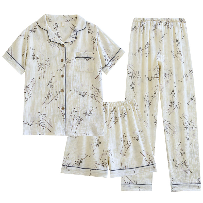 パジャマ三点セット女性春夏二重綿ガーゼ薄い半袖長ズボン半ズボン綿クレープ家庭服
