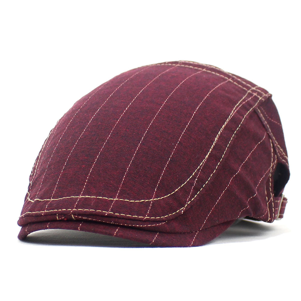 新款條紋貝雷帽春秋男士帽子棉質鴨舌帽男女休閑鴨舌帽彎檐帽子