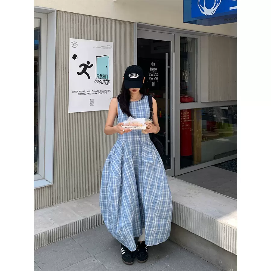 黄峥 韩系田园风复古蓝格无袖连衣裙甜美减龄花苞收腰长裙520599
