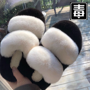 New Height-Increasing 5.5cm Genuine Rabbit Fur Thick-Soled Slippers, Stain-Resistant Color-Blocking Plush Slippers for Women, Putian
