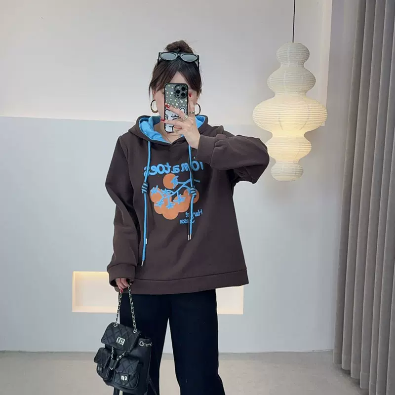 双天2025年新款胖mm大码女装冬装200斤字母连帽抽绳加绒卫衣W-259