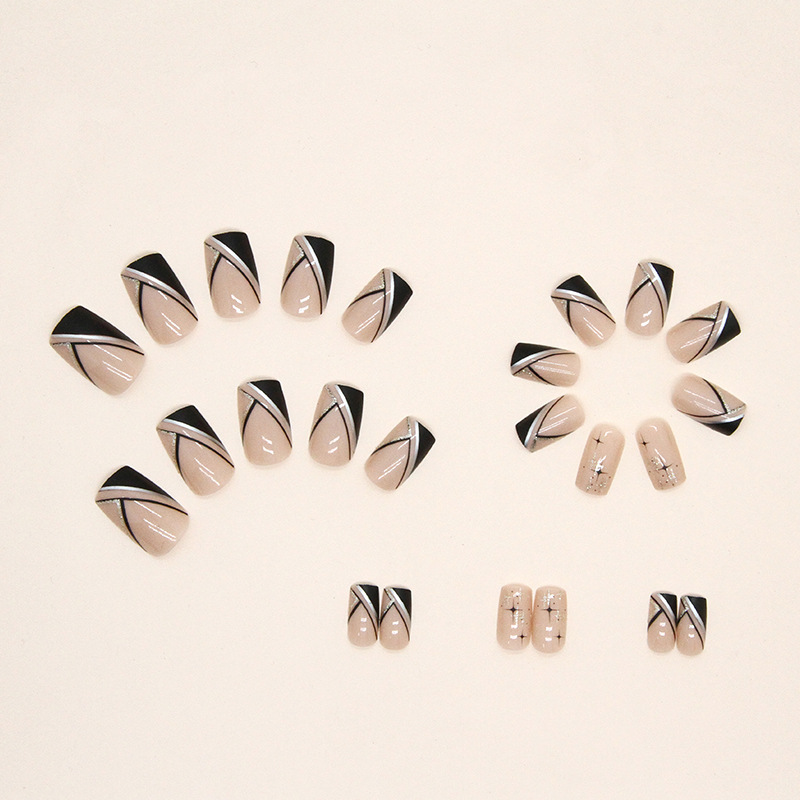 Patchs à ongles roses à paillettes, étoiles triangulaires noires, minimalistes européennes, style Instagram_voghion.com