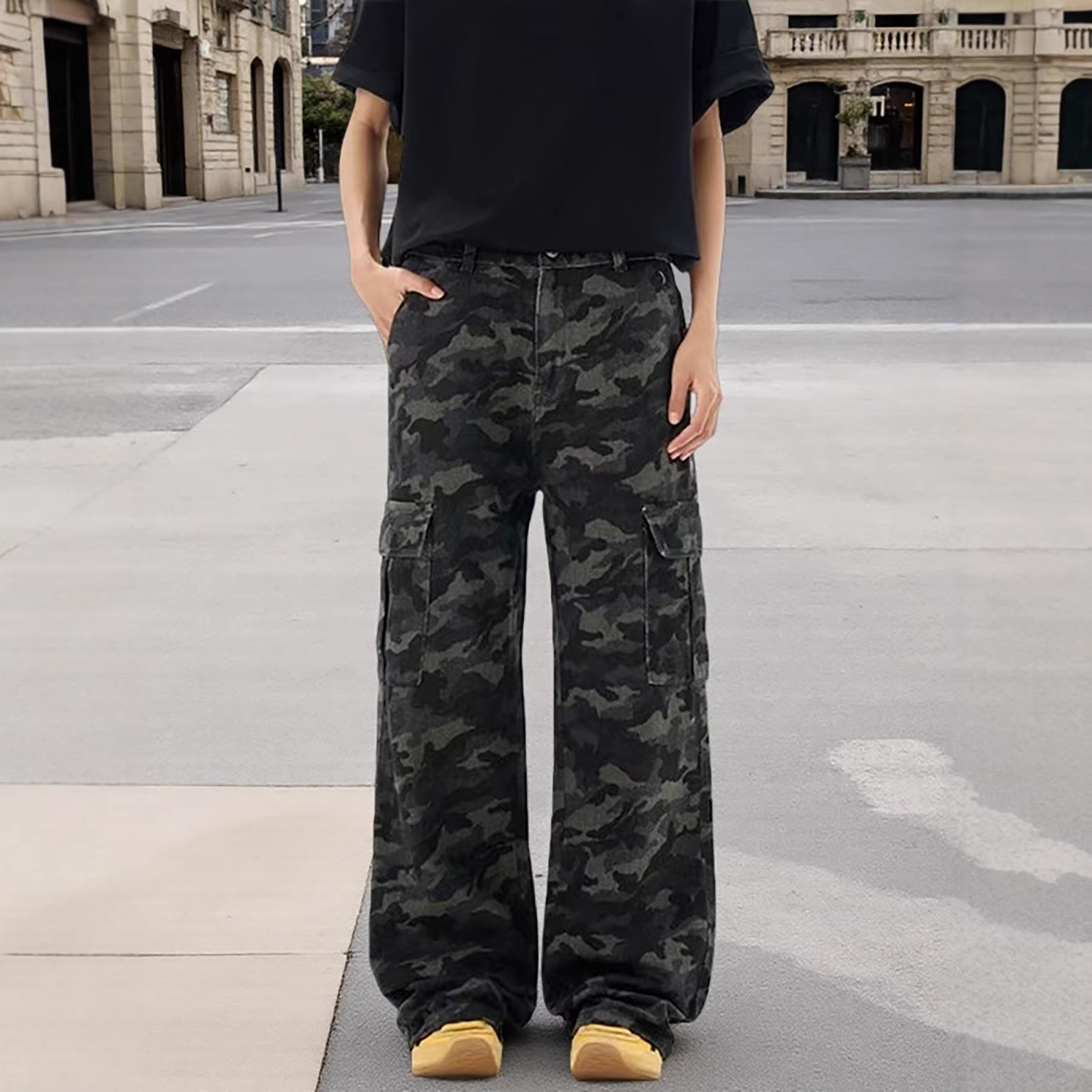 Men's Camouflage Wide Leg Pants Street Style Hip Hop Loose Fit Straight Leg Slightly Flared Cargo Jeans Trendy Brand Blue mid Waist_mkmklike.com