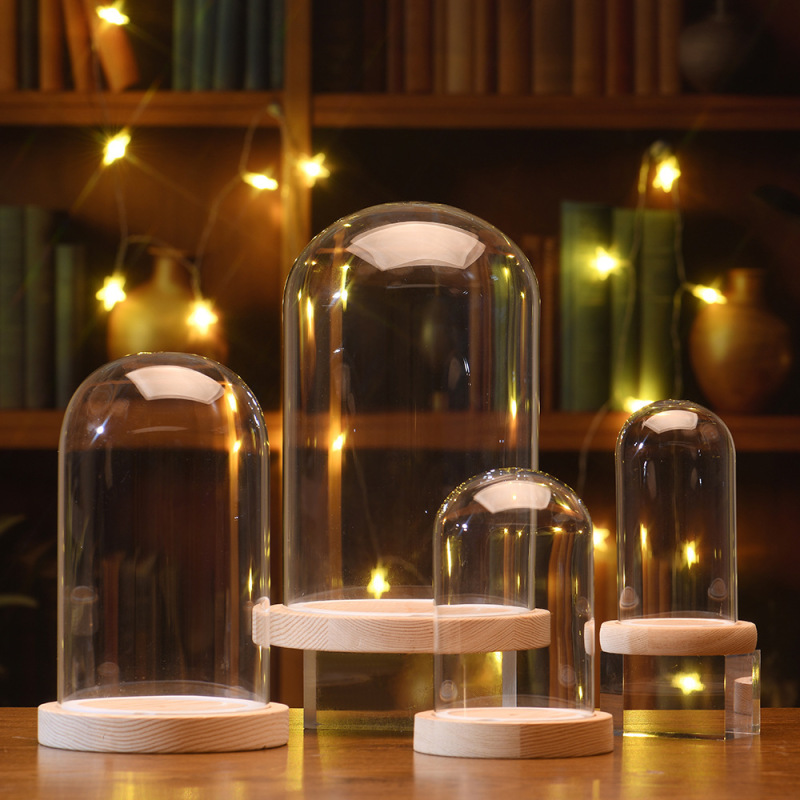 Glass Cover for Flowers, Dust Cover for Preserved Flowers, Dust-Proof Glass Cover for Building Blocks and Figurines, Wooden Base, High Borosilicate Transparent Glass Cover