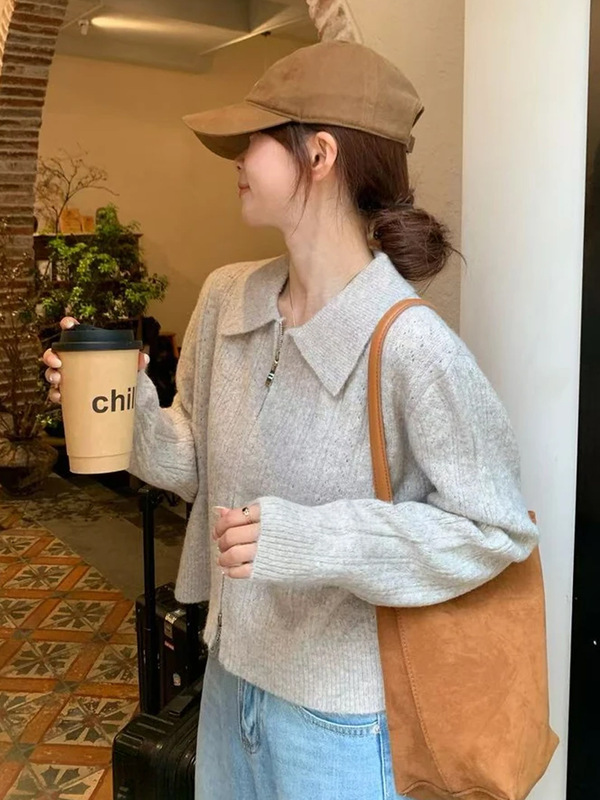 法式复古拉链翻领毛衣外套女秋季穿搭奶呼呼软糯宽松针织开衫上衣|undefined