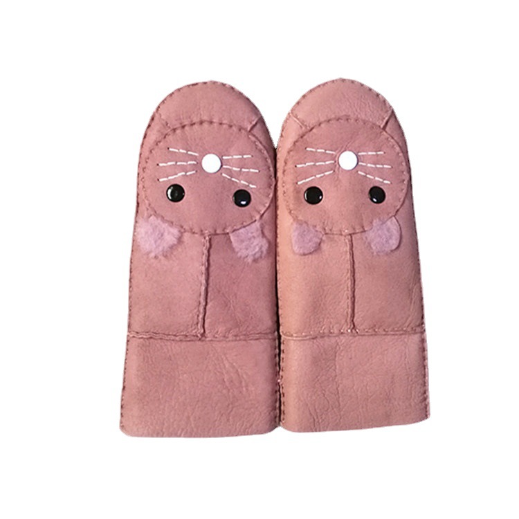 Fábrica al por mayor de los niños piel cuero integrado lindo lana engrosada invierno nieve esquí ciclismo guantes calientes