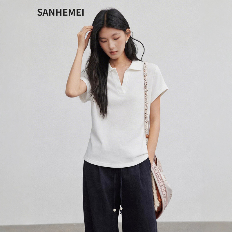 V-Neck Polo Shirt New Style Elegant Design Slimming Solid Color Women's T-Shirt Casual Fashion Sense All-match Simple Base Top V-Neck Polo Shirt New Style Elegant Design Slimming Solid Color Women's T-Shirt Casual Fashion Sense All-match Simple Base Top