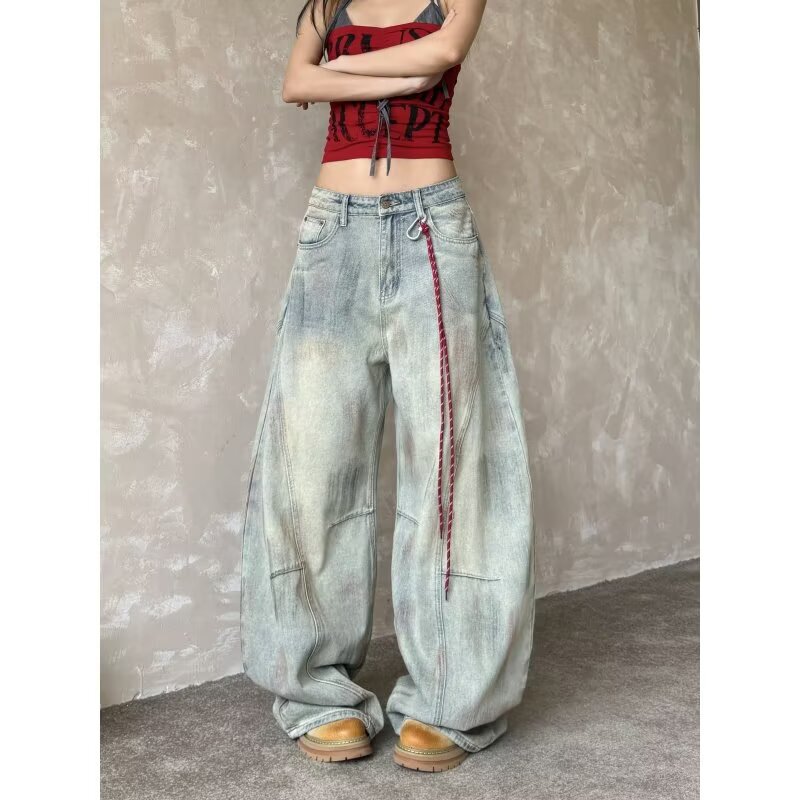Bad Taste Western Handmade Beaded Dirty Distressed Ripped Floor-Length Wide-Leg Jeans