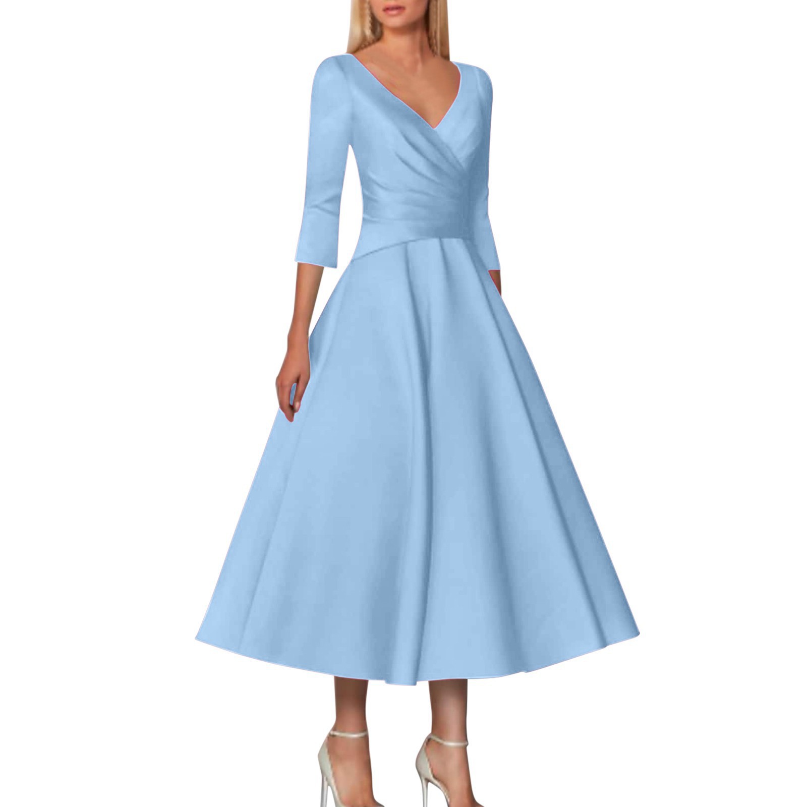 European and American Cross-Border Foreign Trade Women's Clothing V-Neck Elegant Mid-Sleeve Dress Solid Color Evening Dress Large Hem Waist-Cinching Puff Dress