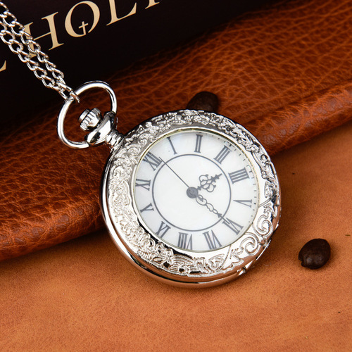 Large transparent glass floral border quartz watch with flip cover Roman numerals watch necklace pendant