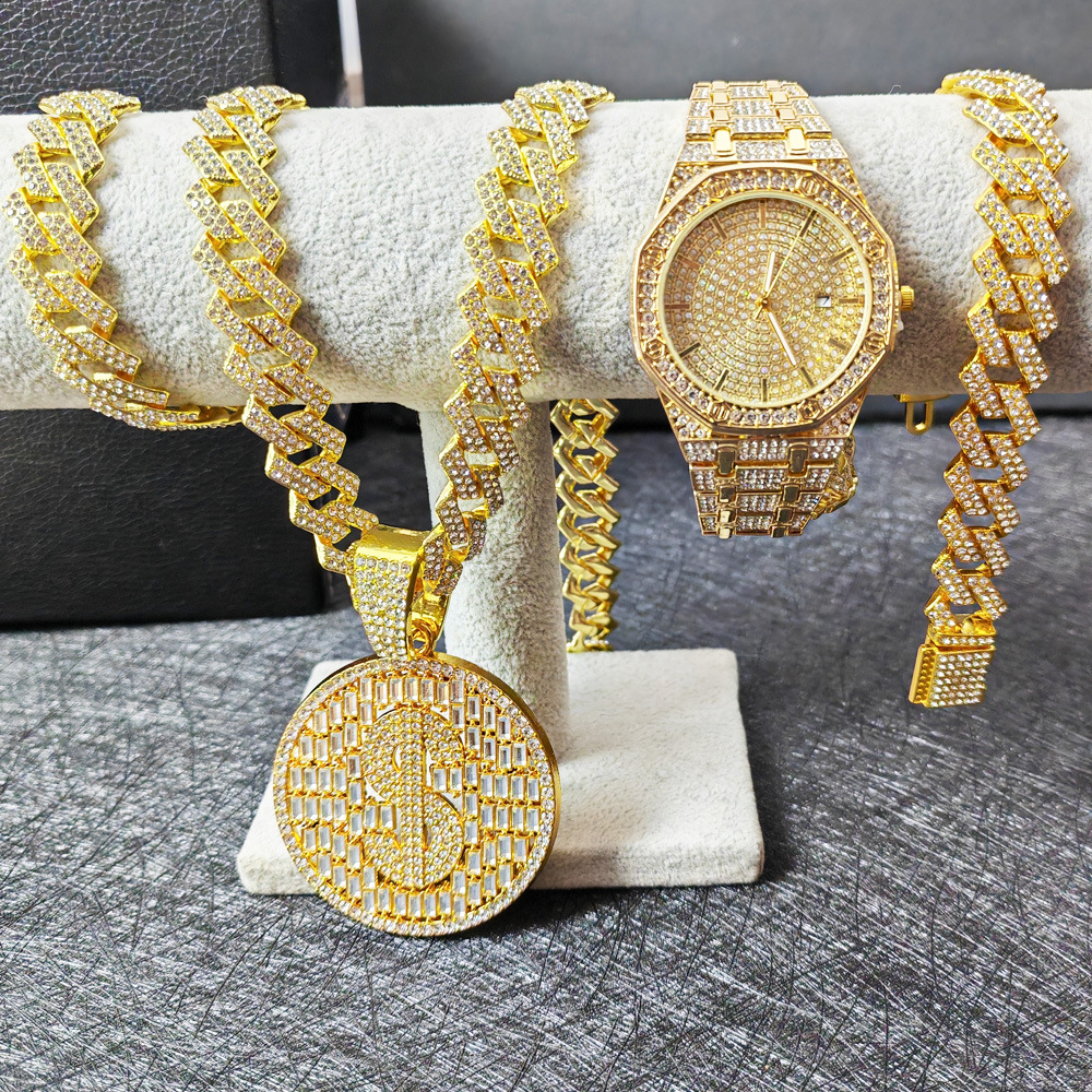 Men's Cuban Link Bracelet With Colorful Diamond Setting Gold Plated_voghion.com