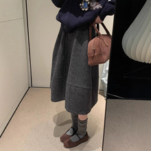 强烈推荐！复古毛呢A版半身裙女秋冬新款韩系极简压褶显瘦中长裙