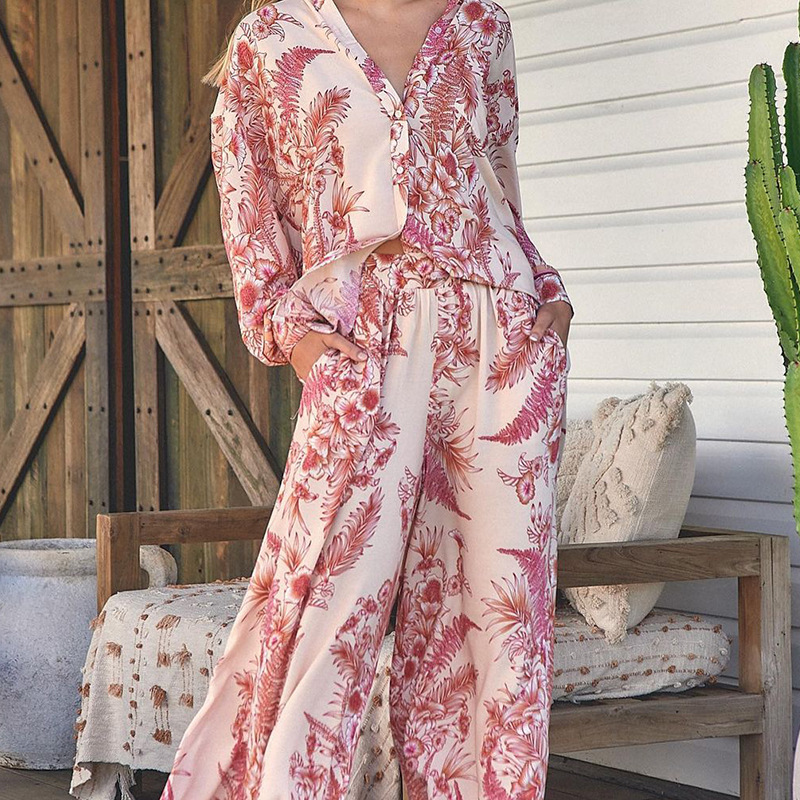 long-sleeved flower printed shirt wide-leg trousers two-piece set NSONF139716