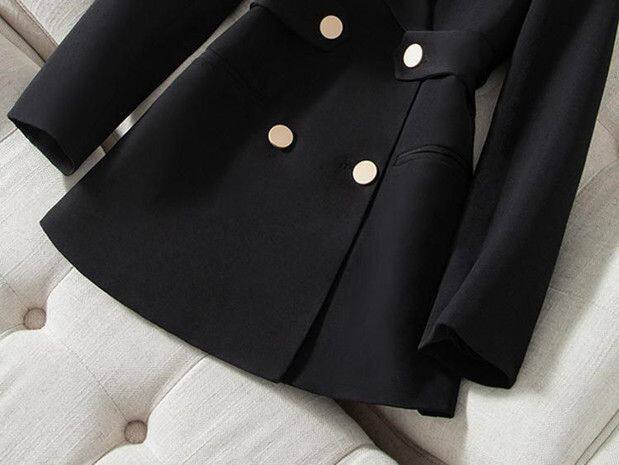 Áo blazer nữ dáng eo dài vừa, tay dài, đệm vai, cổ vest, phong cách thanh lịch — Màu trắng nhạt, màu đen, trắng, Bông mùa đông màu trắng nhạt chi tiết 11