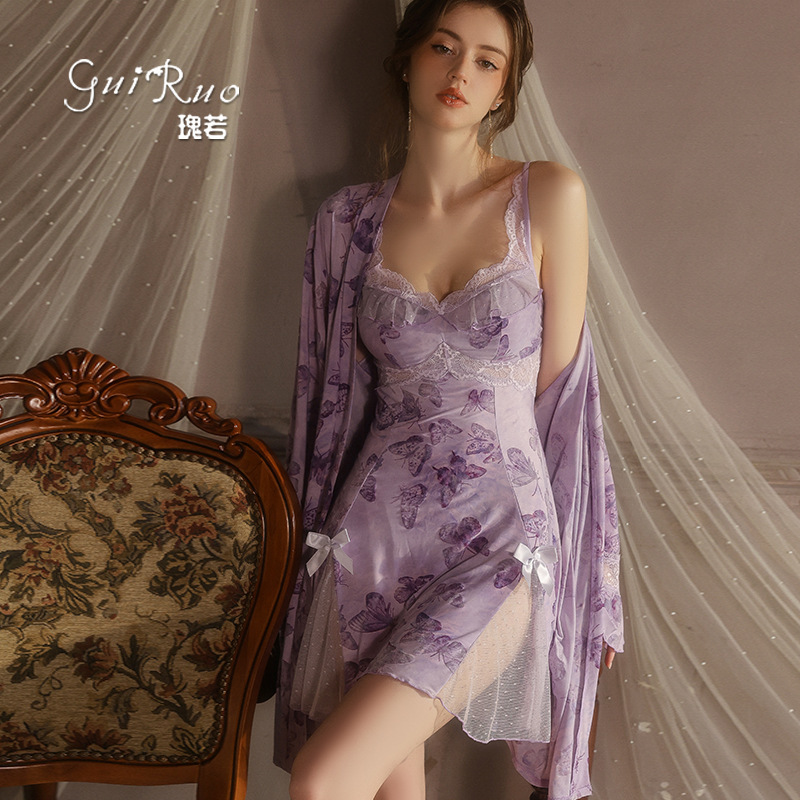 Sweet Lace-Trimmed Nightgown with Chest Pads, Lace Patchwork, Butterfly Flocking, Ice Silk Sleepwear, Home Wear Qj5286 Sweet Lace-Trimmed Nightgown with Chest Pads, Lace Patchwork, Butterfly Flocking, Ice Silk Sleepwear, Home Wear Qj5286