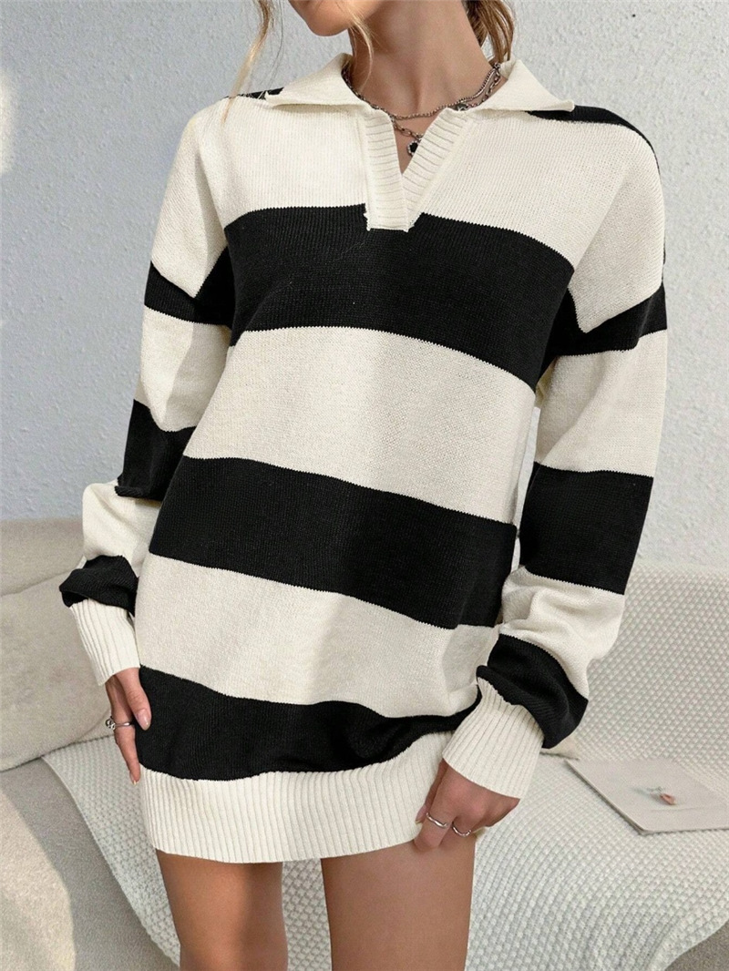 Autumn Winter Contrast Color Stripes Loose Slimming Knitted Woolen