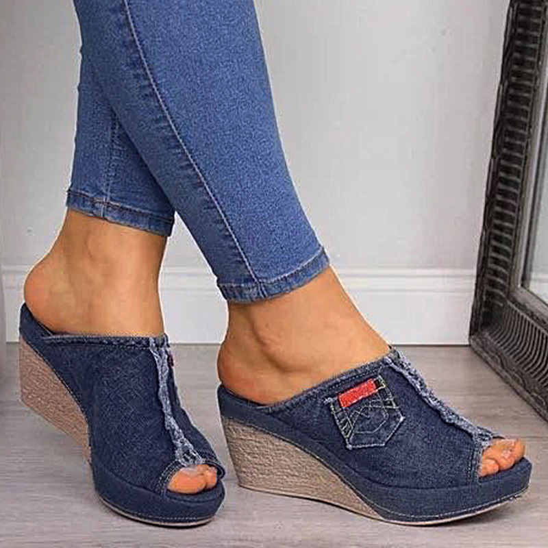 plus Size Women's Summer Sandals Wedge Heel Thick Sole Denim Outerwear Slippers_voghion.com