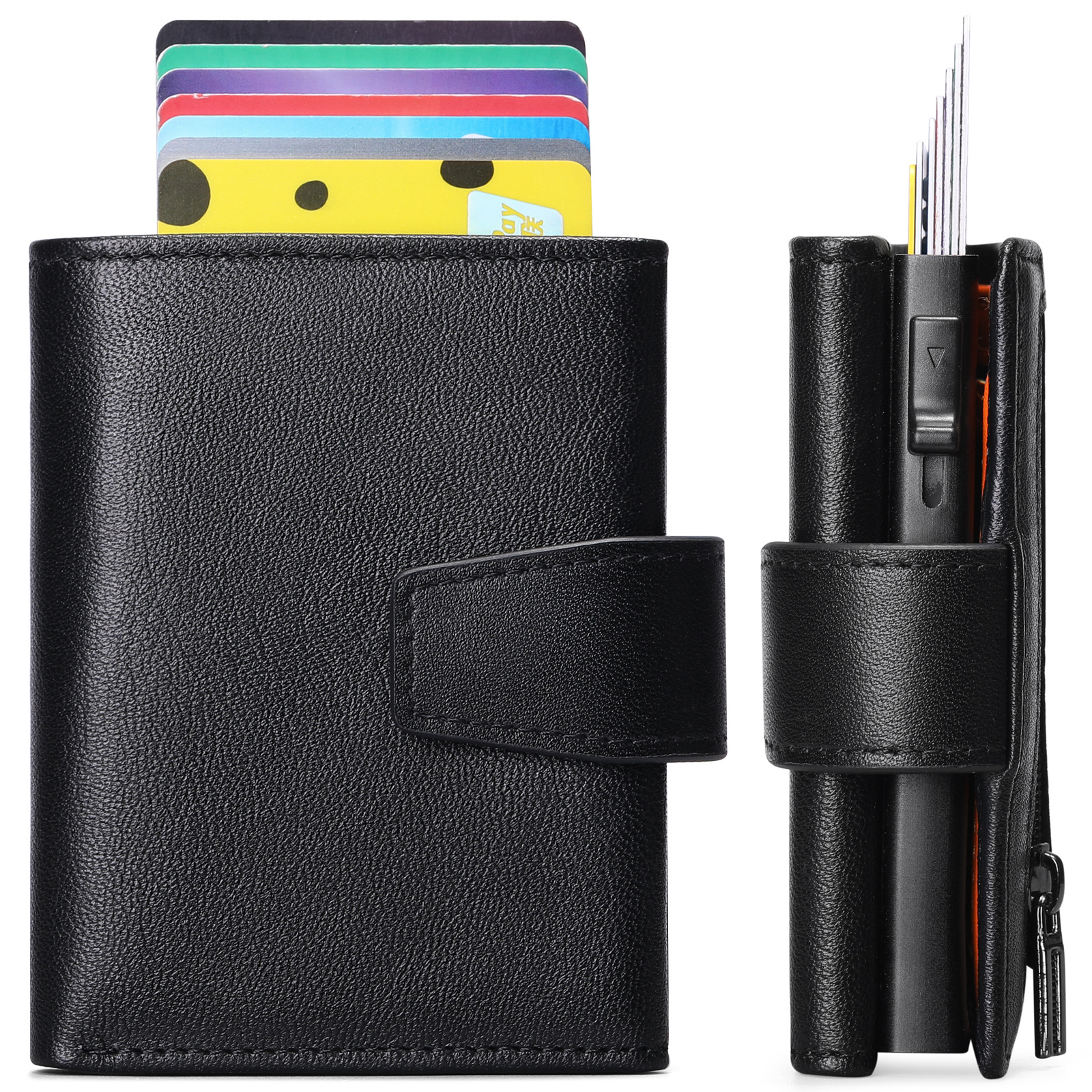 Cartera de cuero genuino para hombre con tarjetero automático de aluminio – Multifunción, primera capa