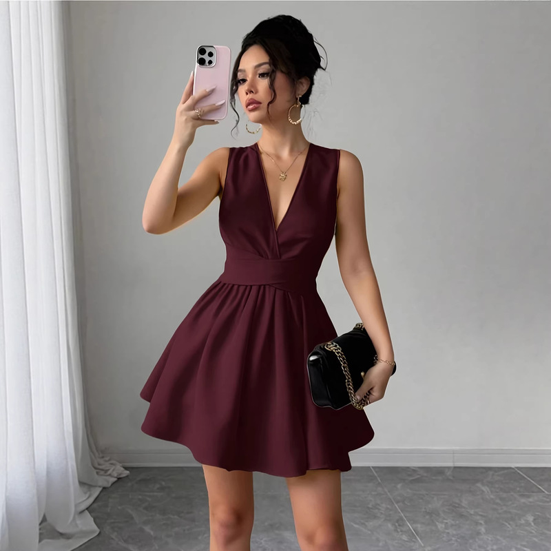 Ladies' Romantic Elegant Sexy Wedding Guest Solid Color Cross V-Neck Sleeveless A-Line Mini Dress Ladies' Romantic Elegant Sexy Wedding Guest Solid Color Cross V-Neck Sleeveless A-Line Mini Dress