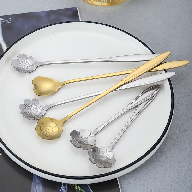 Cuchara de acero inoxidable Oro creativo Rose flor de cerezo cuchara agitación taza postre cuchara de café Nido de pájaro cuchara de miel