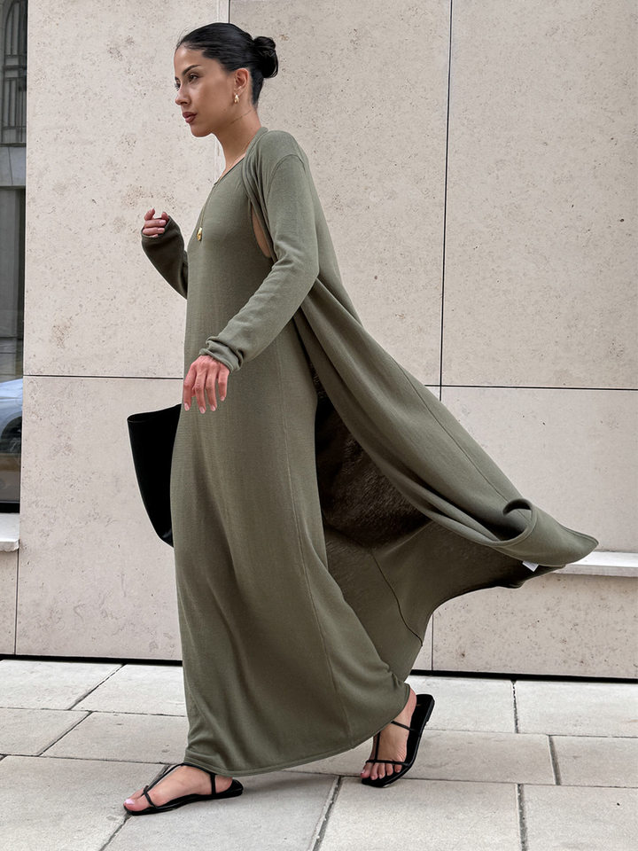 Bộ đầm dài kèm áo cardigan dệt kim dài tay nữ — Màu cà phê đậm, Màu hồng, Màu trắng, Màu xám chi tiết 74