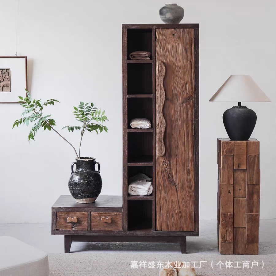 Chinese Retro Old Elm Wardrobe Hotel B&B Multi-Functional Storage Cabinet Home Bedroom Vertical Wardrobe