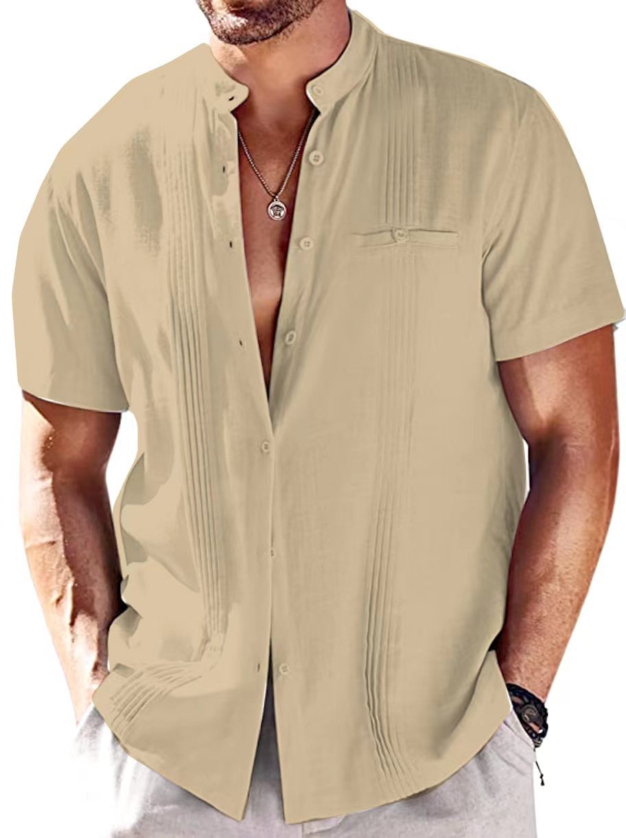 2023 Summer Collar Solid Color Amazon New Single-breasted Cotton and Linen Crumple Men's Short-sleeved Casual Shirt Top