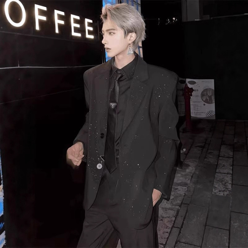 Engagement Suit with Baby's Breath Sequins, Shoulder Pads, Blazer, Men's High-End Hairstylist Outfit, Handsome Casual Suit