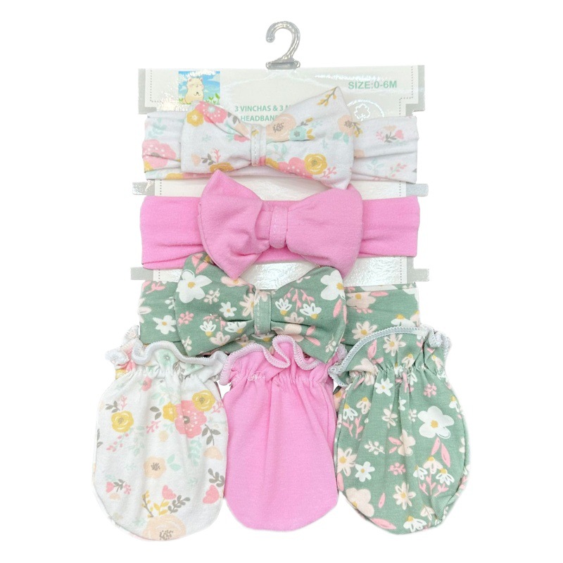 Nuevo producto transfronterizo: Conjunto de 6 piezas de diadema floral, guantes y calcetines para bebés y niñas, venta al por mayor para celebraciones de un mes, protección contra el frío.