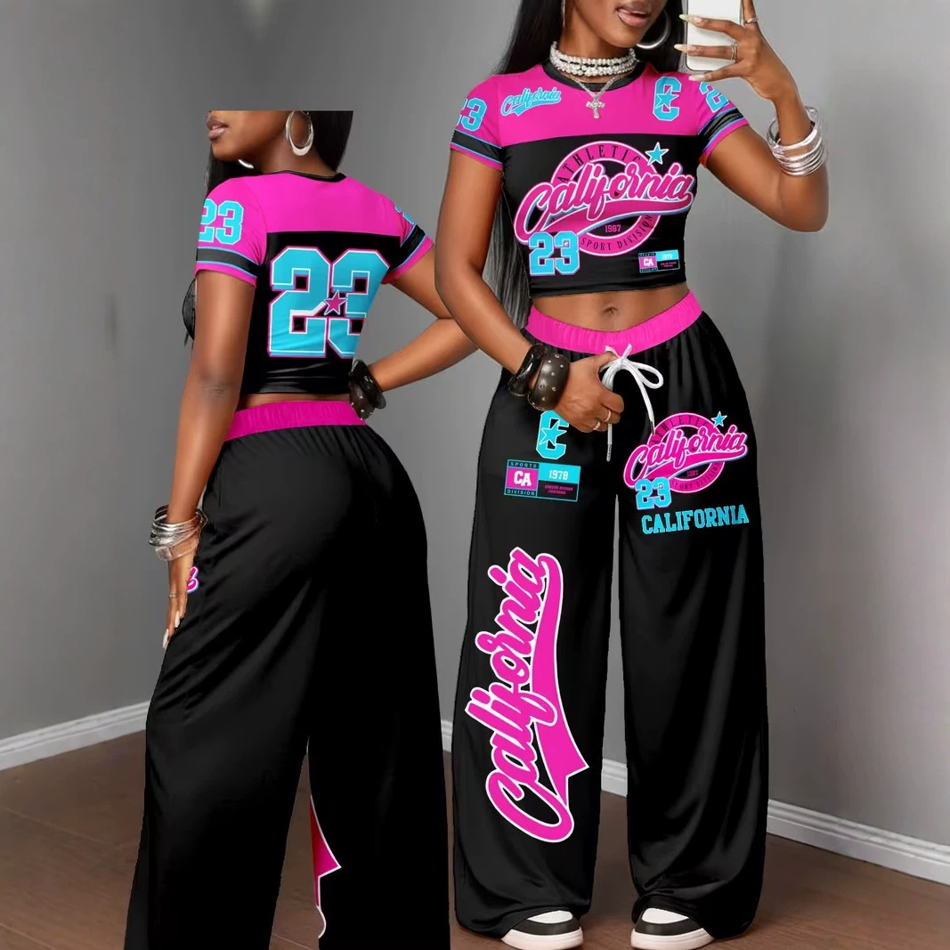 Y2K Women's Two Piece Set Style Digital Print Short T-Shirt Wide Leg Trousers Spring Summer Sexy_ecoleips.com