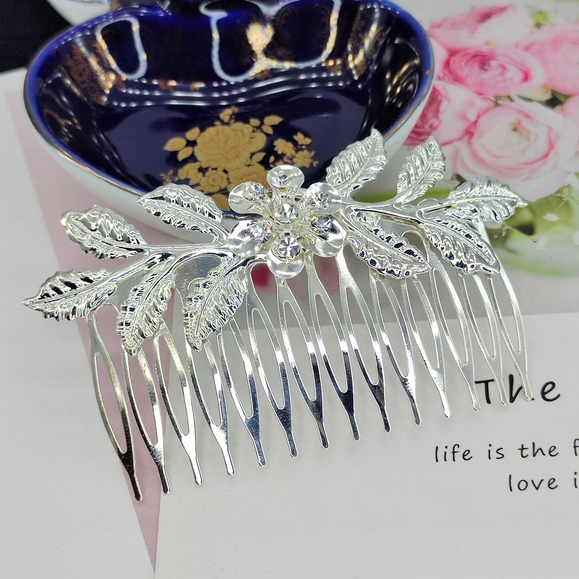 Fashion Leaf Flower Metal Plating Inlay Artificial Gemstones Hair Combs 1 Piece display picture 4