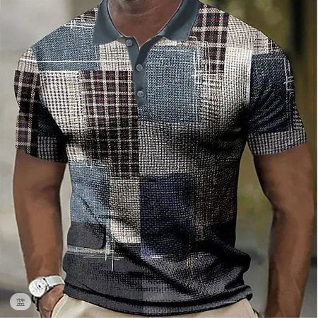 Cross-border European and American New Golf Shirt Short-sleeved Waffle Polo Shirt Color Block Graphic Printed Three-button Polo Shirt