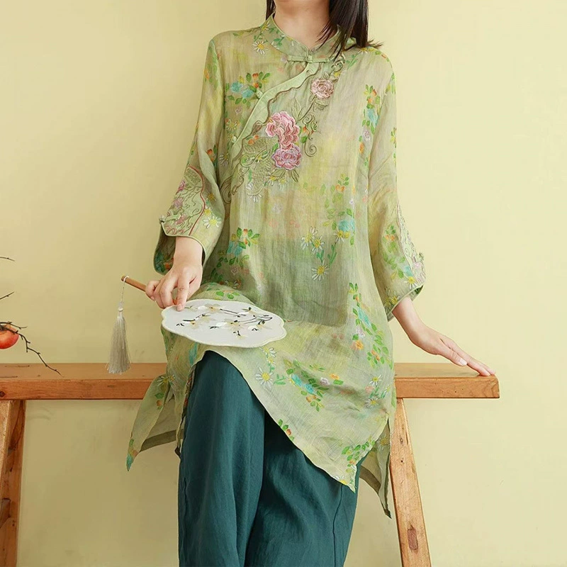Новая рубашка из рами в китайском стиле в национальном стиле с наклонными лацканами и вышивкой, женский летний тонкий чайный костюм в стиле дзен, свободный топ средней длины с принтом