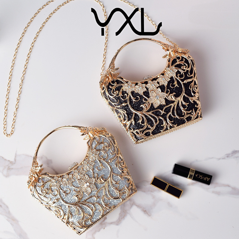 Bolso de cena negro de punto transfronterizo, bolso de fiesta hueco de alta gama, bolso de fiesta brillante, fuente, ventas directas de fábrica