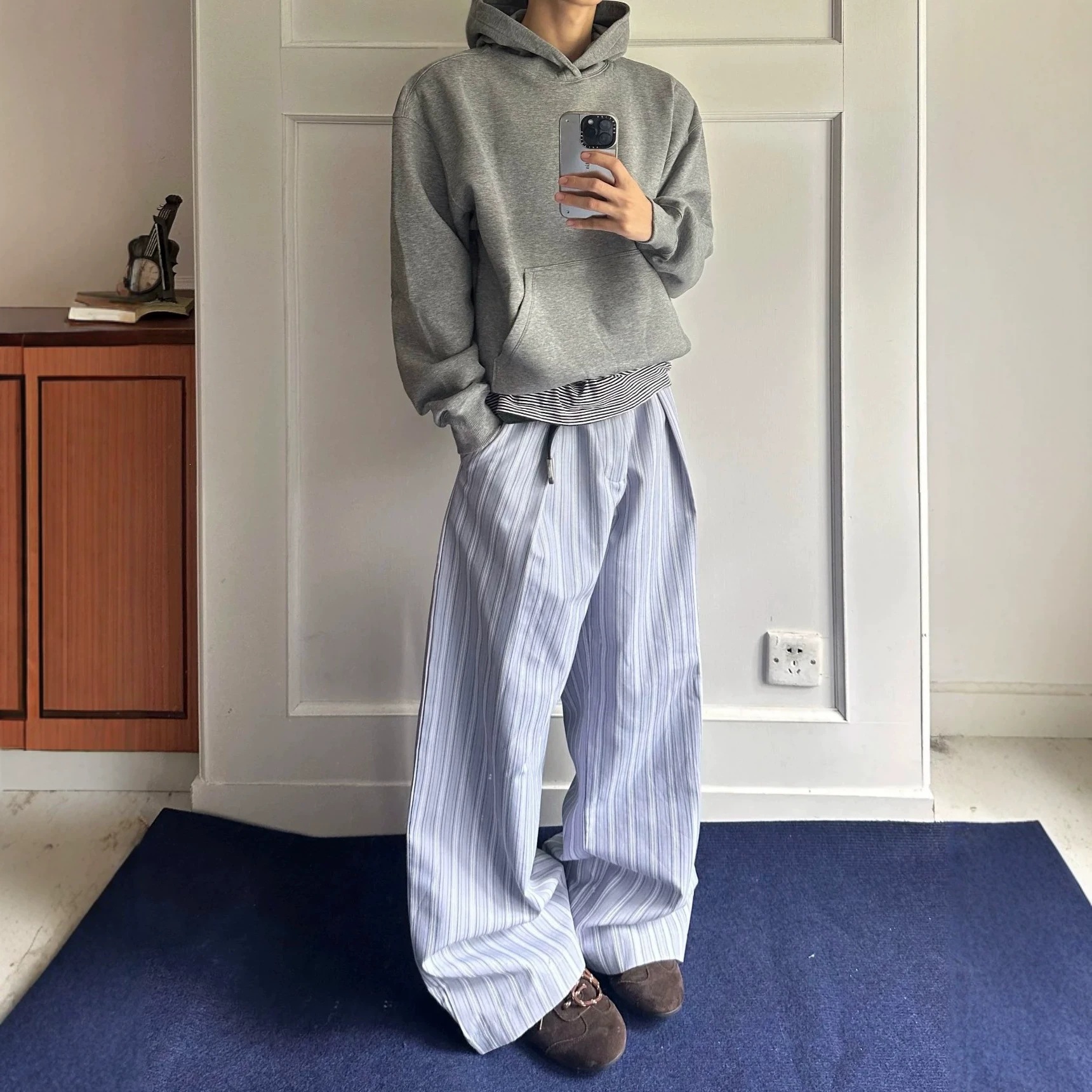 美式通勤淡蓝色条纹打褶a字阔腿裤男宽松百搭日常休闲cleanfit裤