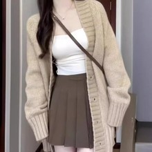 针织开衫女秋冬新款休闲外搭宽松大码纯色v领毛衣外套中长款上衣