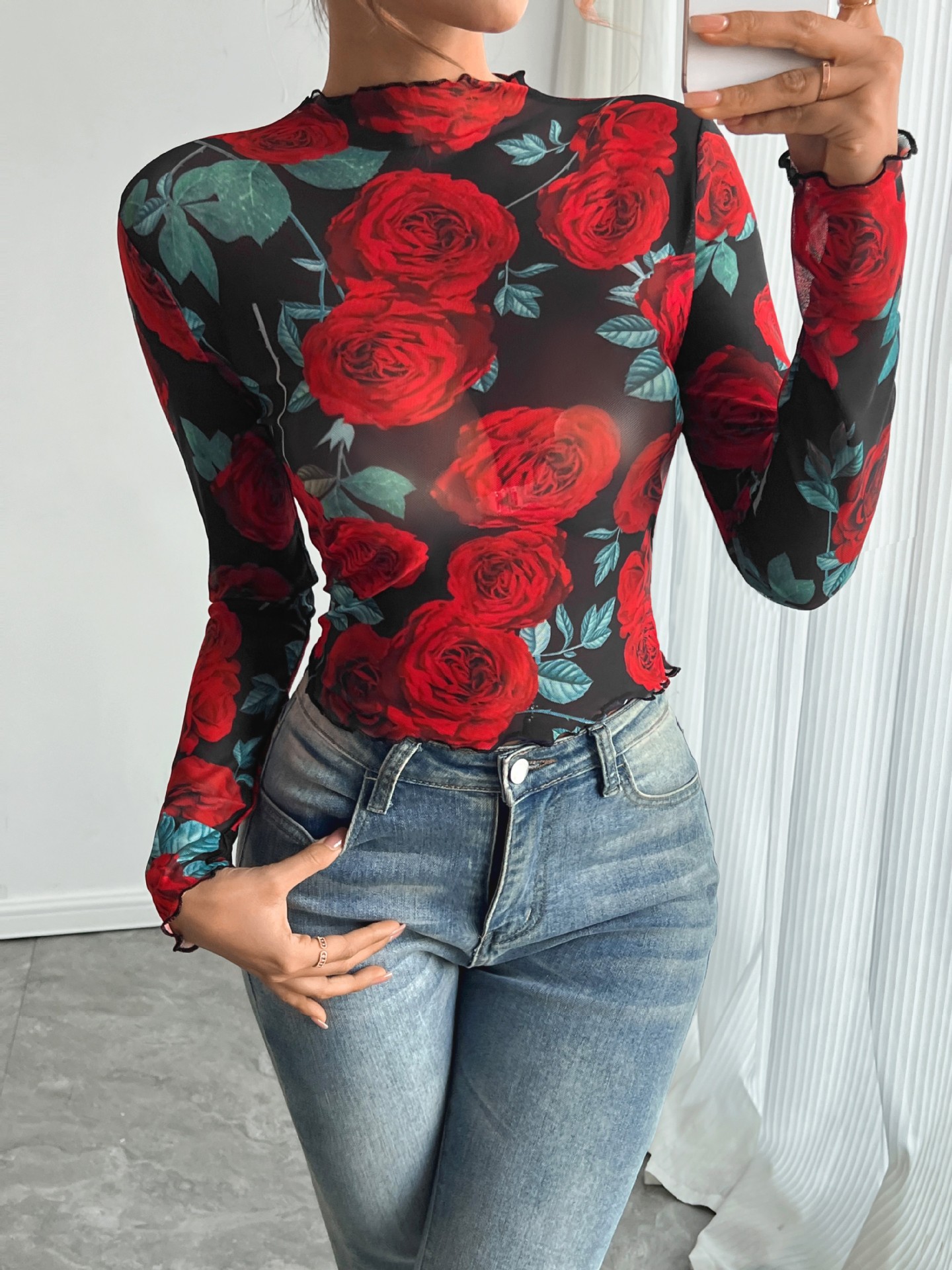 Amazon transfronterizo europeo y americano 2026 nuevo estilo femenino rosa transparente estampado floral de manga larga cuello pequeño