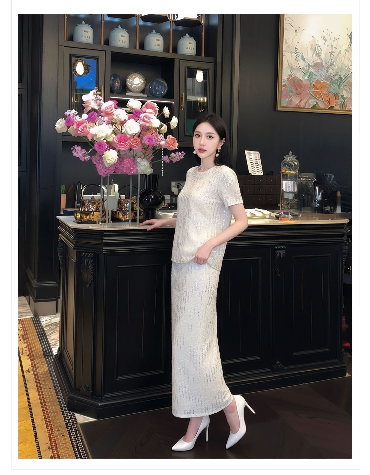 Áo sơ mi nữ dài tay phong cách Trung Hoa đính sequin cao cấp xuân hè — Áo sơ mi màu mơ, Váy nửa màu hạnh nhân chi tiết 9