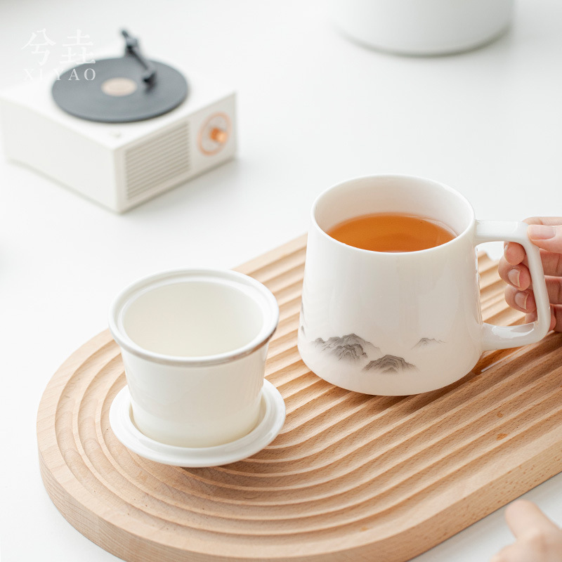 陶瓷茶杯水杯大容量过滤带盖泡茶水分离羊脂玉办公家用远山马克杯