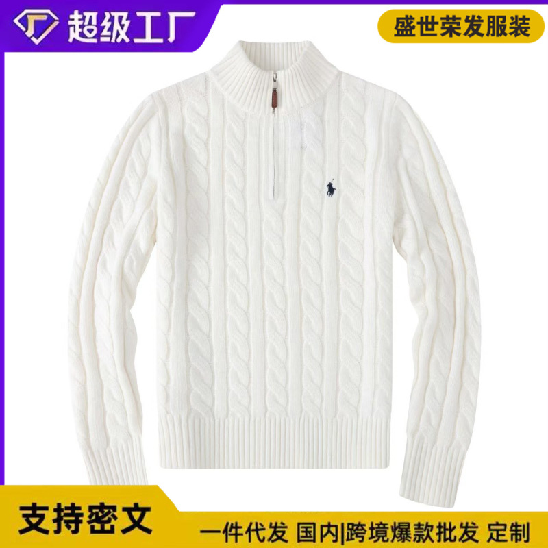 Cross-Border Pony Embroidery Wool Sweater Men's Rl Stand Collar Half-Zip Twisted Knit Sweater Cross-Border Pony Embroidery Wool Sweater Men's Rl Stand Collar Half-Zip Twisted Knit Sweater
