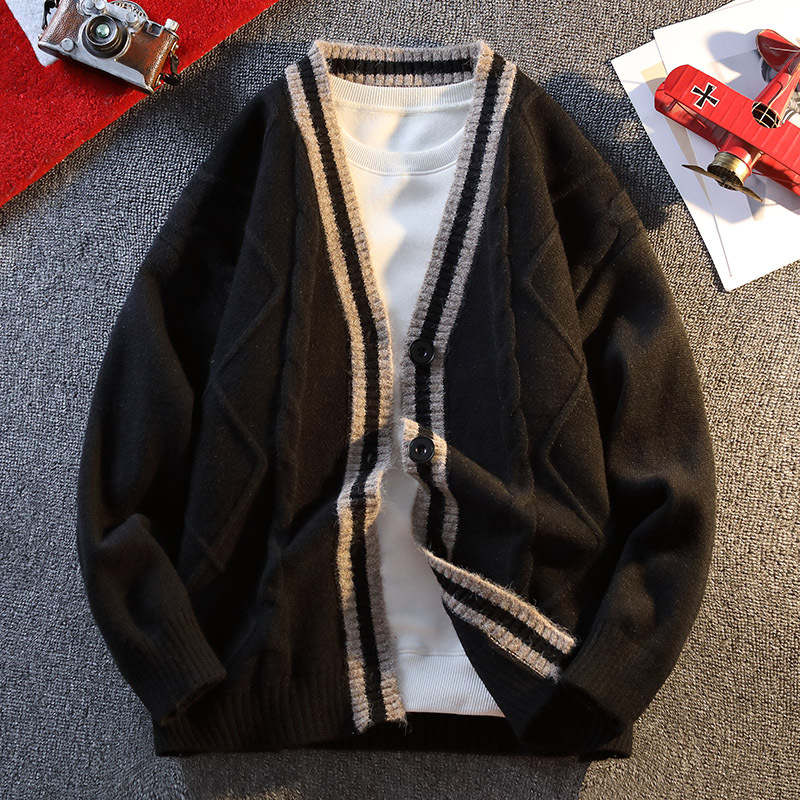 2025 otoño y invierno nuevo pequeño jacquard cornisa de moda cardigan suéter hombre moda casual versátil suelto color contrastante