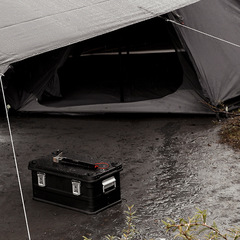 A black outdoor camping gear storage box for the Shanzhi Kei, featuring a cool design, expandable aluminum box, and car-mounted storage solution.