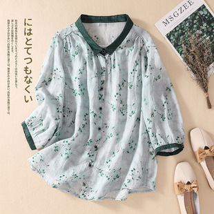 797# Real shot 2022 new artistic plus size casual three-quarter sleeve cotton and linen top women's loose printed linen shirt
