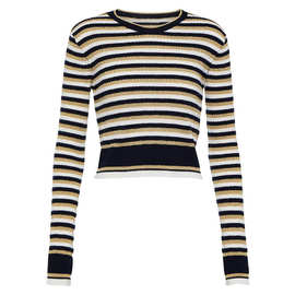 【现货】圆领长袖显瘦针织衫黑白金丝条纹圆领套头修身毛衣上衣女