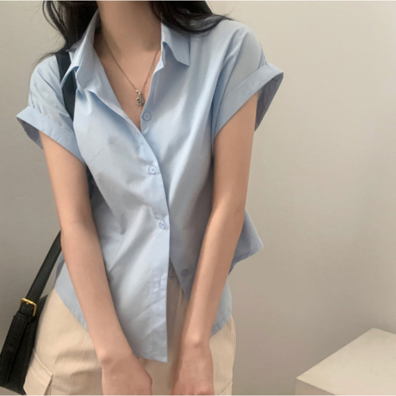 Korean Ins Summer Basic Style Elegant Lapel Rolled Sleeve Shirt Women's Short-Sleeved Shirt