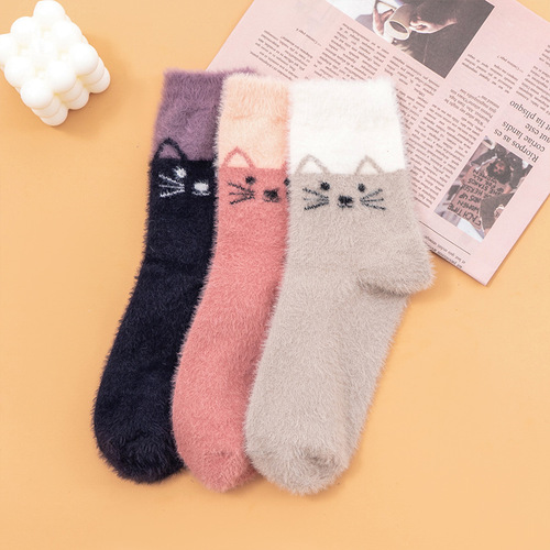 Amazon Cross-Border Foreign Trade Socks Women's Mid-calf Socks Imitation Mink Velvet Cat Thick Warm Rabbit Wool Socks AliExpress