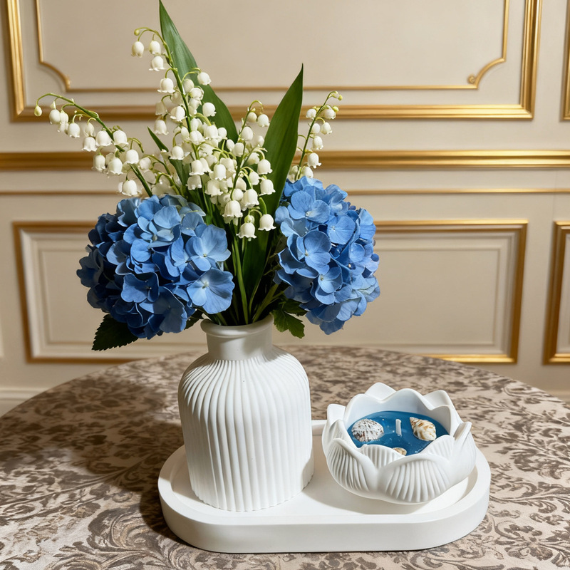 Cross-Border Plaster Vase Living Room Decoration Vase Tray Flower Arrangement Lotus Storage Box Tray Striped White Vase