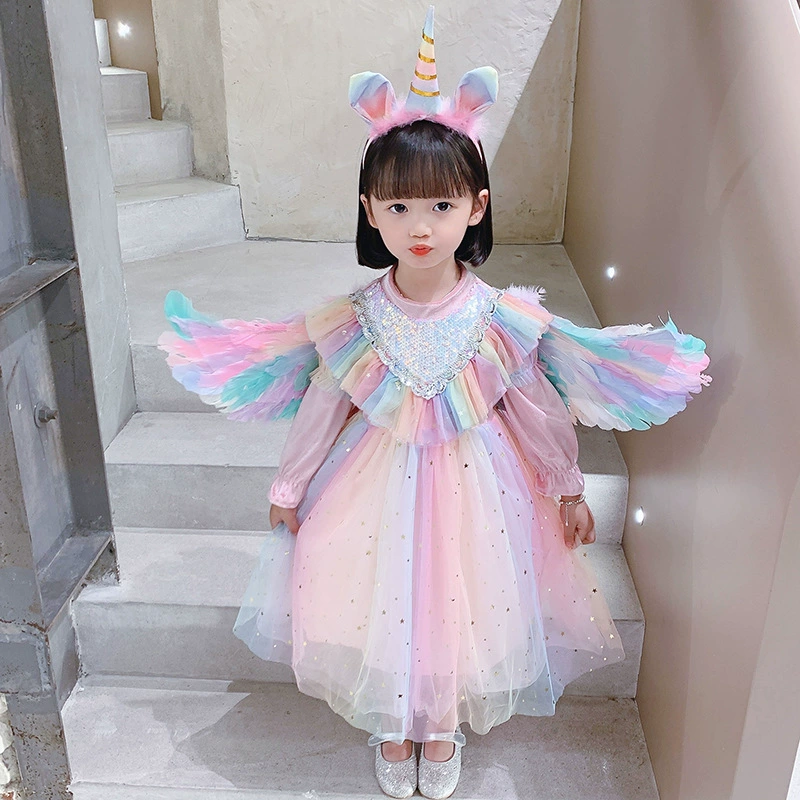 Маленький princess костюм, радужный длинный рукав, платье, ангельские крылья, принцесса Эльза, осень, единорог
