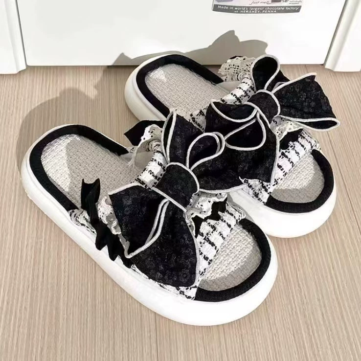 Лук льняные тапочки женский летний весенний и осенний комнатный дом толстая подошва нескользящая всасывание пота четыре льняных перетаскивания 2024 новый перетаскивание